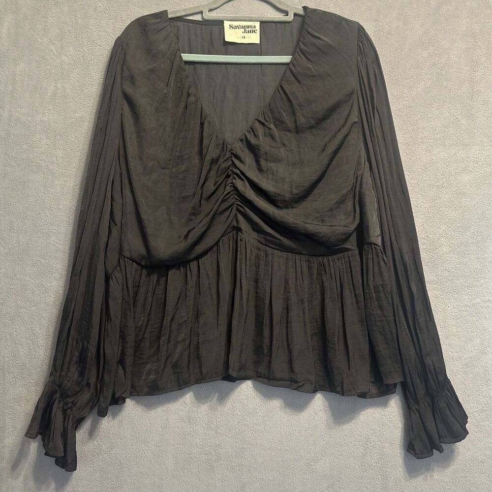 Savanna Jane Baby Doll‎ Top Balloon Sleeve Womens Plus Size 3X Black Peasant